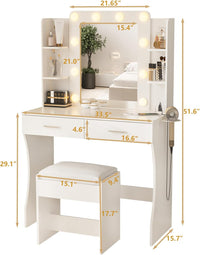 Vabches Vanity Desk with Lights,Makeup Vanity with Power Strip,Dressing Table Set with 2 Large Drawers,Vanity Mirror 3 Lighting Color Adjustable,White