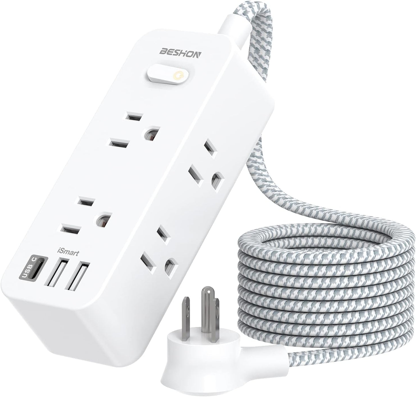 Power Strip Surge Protector, BESHON 5Ft Extension Cord, 6 Outlets with 3 USB Ports(1 USB C Outlet), 3-Side Outlet Extender, Wall Mount, Compact for Travel, Home, School, College Dorm Room and Office