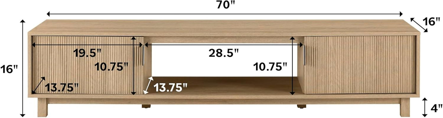 Walker Edison Arundo Fluted TV Stand for TVs up to 80 Inches, 70" TV Stand, Coastal Oak
