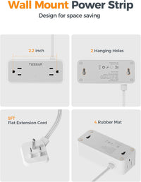 Flat Plug Extension Cord 5 FT, TESSAN Surge Protector Power Strip with 4 AC Outlets 1 USB C and 2 USB A Ports, 900 Joules Protection, Multiple Wall Outlet Extender Suitable for Home Office Dorm
