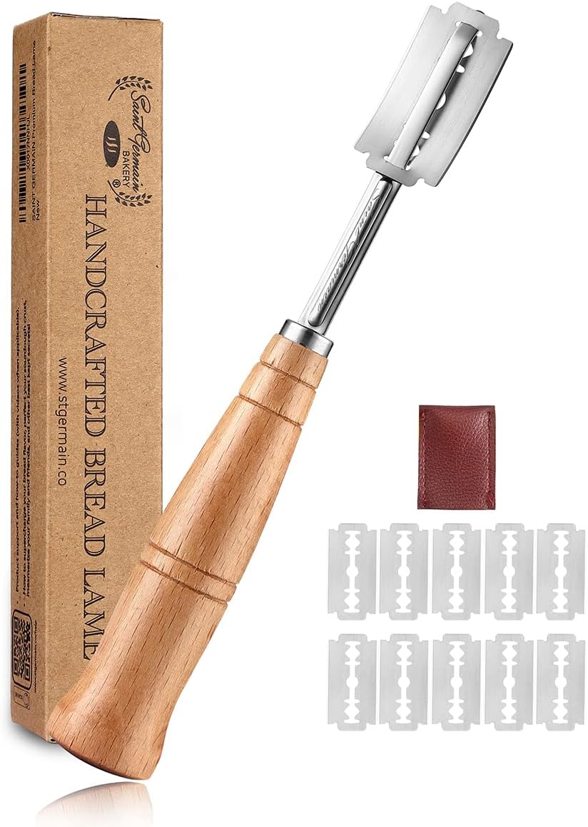 "SAINT GERMAIN Premium Hand Crafted Bread Lame for Dough Scoring Knife, Lame Bread Tool for Sourdough Bread Slashing with 10 Blades Included with Replacement with Authentic Leather Protector Cover"