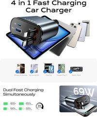 LISEN Retractable Car Charger, 69W USB C Car Accessories Adapter for iPhone 16 USB C Charger Fast Charging, Fathers Day for Gifts, Travel Essentials Gifts for Women Men, for iPhone 16 15 14 13 12
