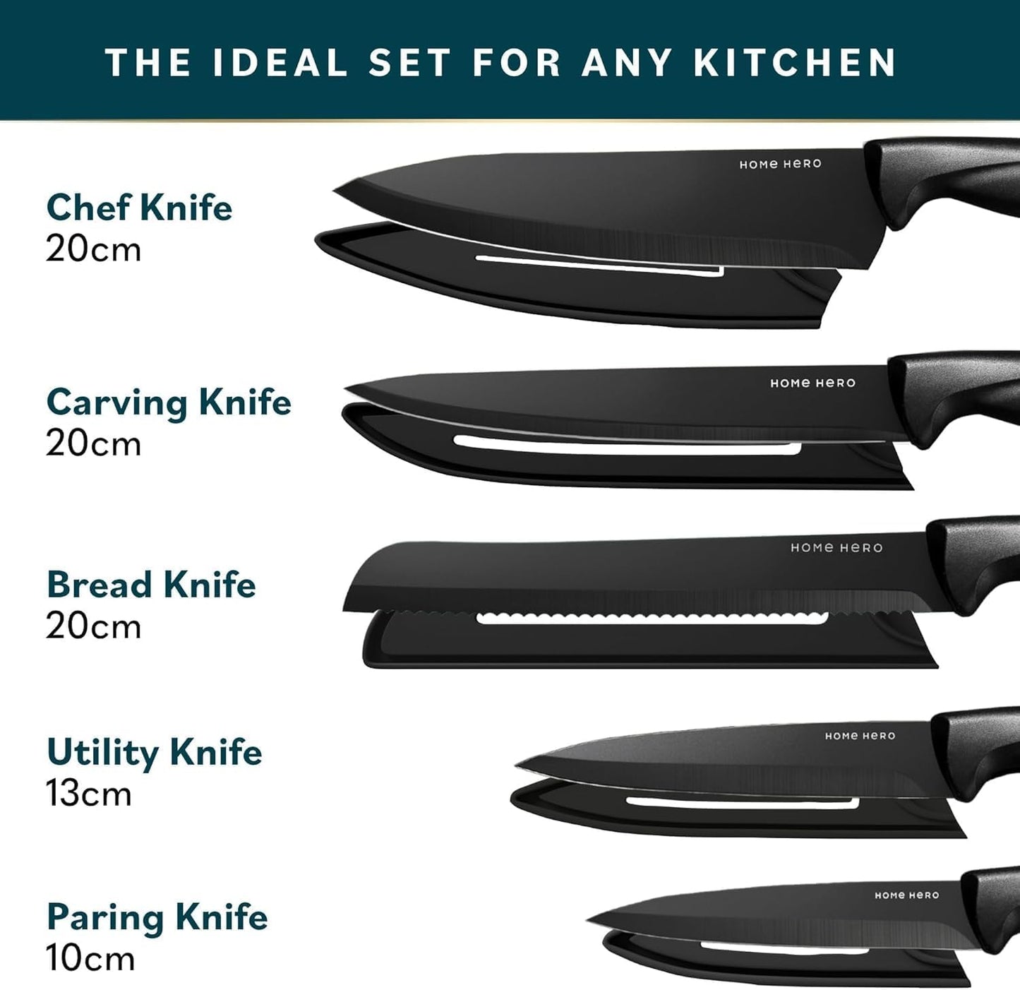 Home Hero Ultra-Sharp Stainless Steel Kitchen Knife Set - Chef Knives Set (11 pcs Set - Black with Sheath)