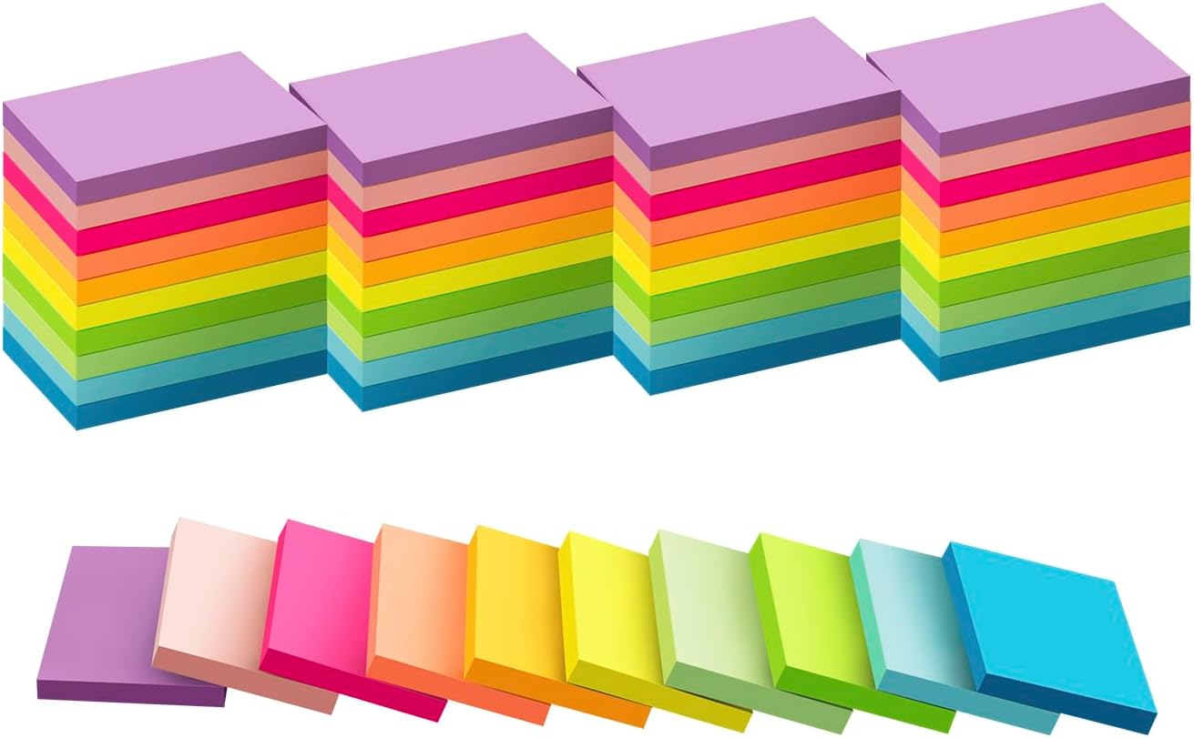 (50 Pads) Sticky Notes 1.5x2, 10 Colors Self Sticky Notes, Sticky Pads, Recyclable, Self-Stick Pads, Easy to Post for Home, Office, Notebook