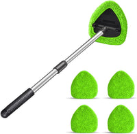 Windshield Cleaning Tool, Car Window Cleaner with 4 Washable Reusable Microfiber Pads, Extendable Long Handle Glass Wiper Cleaning Kit, Auto Accessories Universal for Office and Home (Green)
