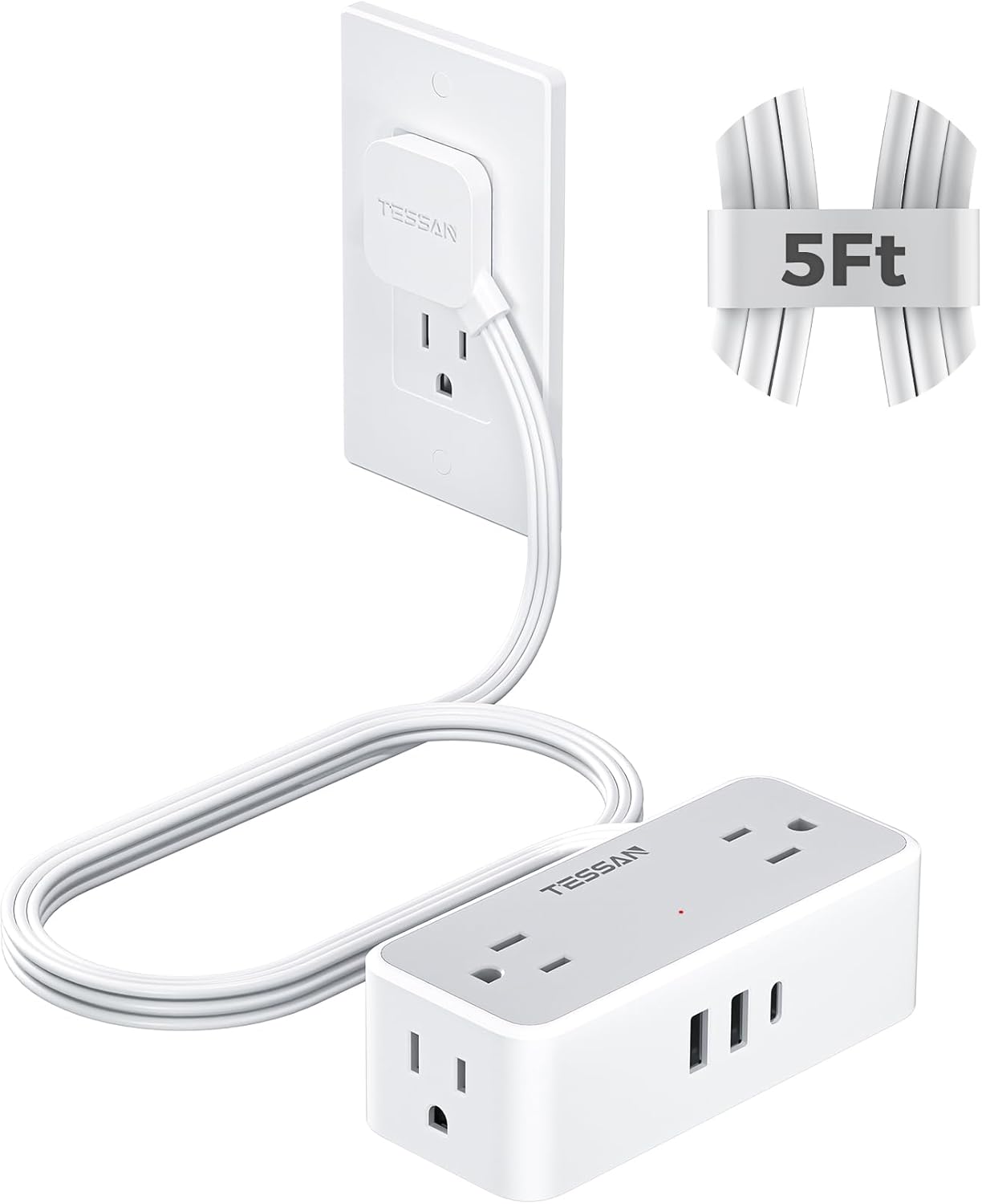Flat Plug Extension Cord 5 FT, TESSAN Surge Protector Power Strip with 4 AC Outlets 1 USB C and 2 USB A Ports, 900 Joules Protection, Multiple Wall Outlet Extender Suitable for Home Office Dorm