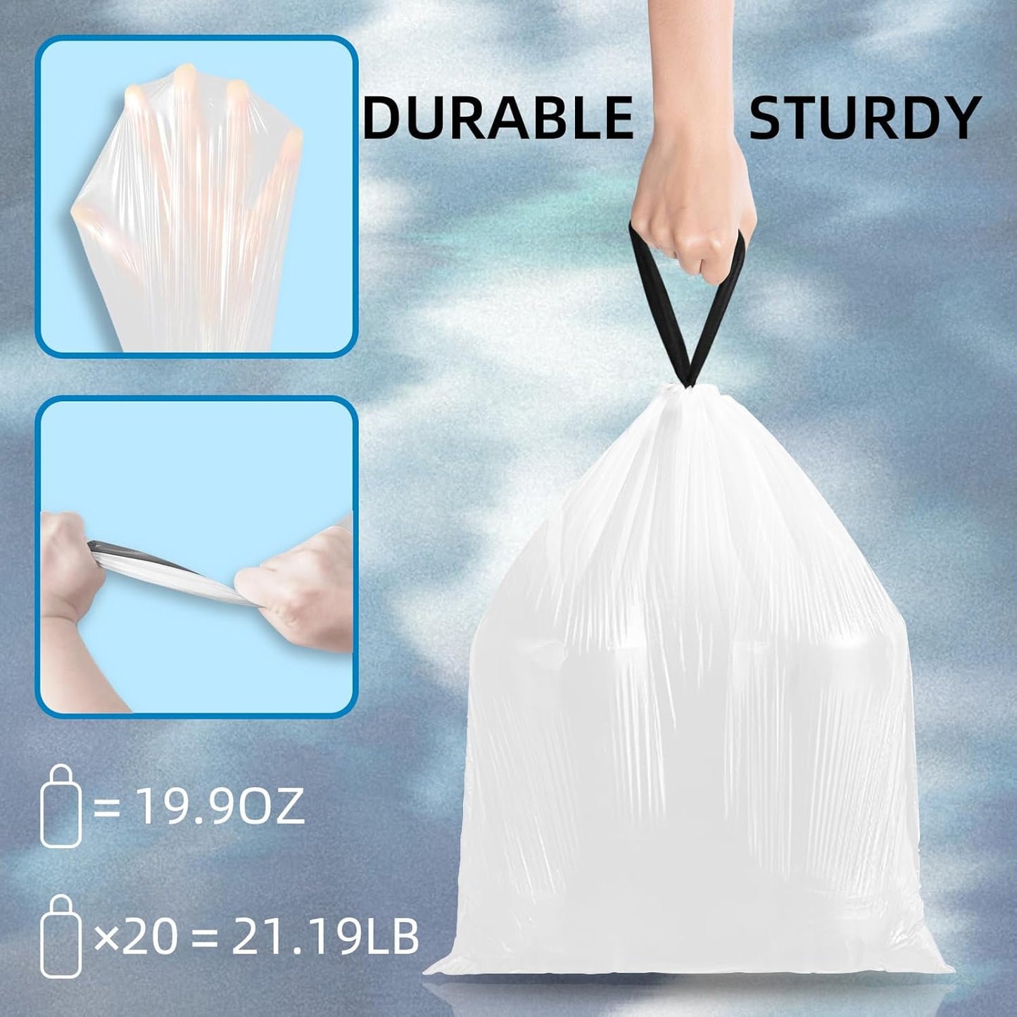 120 Counts 1.6 Gallon Mini Drawstring Trash Bags, Small Garbage Bags by KSSKSS, Code a fit 4.5-8 Liter, 1.2-2 Gal, White Trash Bin Liners for Home Office Kitchen Bathroom Bedroom