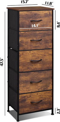 WLIVE Fabric Dresser for Bedroom, 5-Drawer Tall Dressers, Storage Organizer with Fabric Bins, Wood Top, Sturdy Steel Frame, Chest of Drawers for Closet, Hallway, Rustic Brown Wood Grain Print