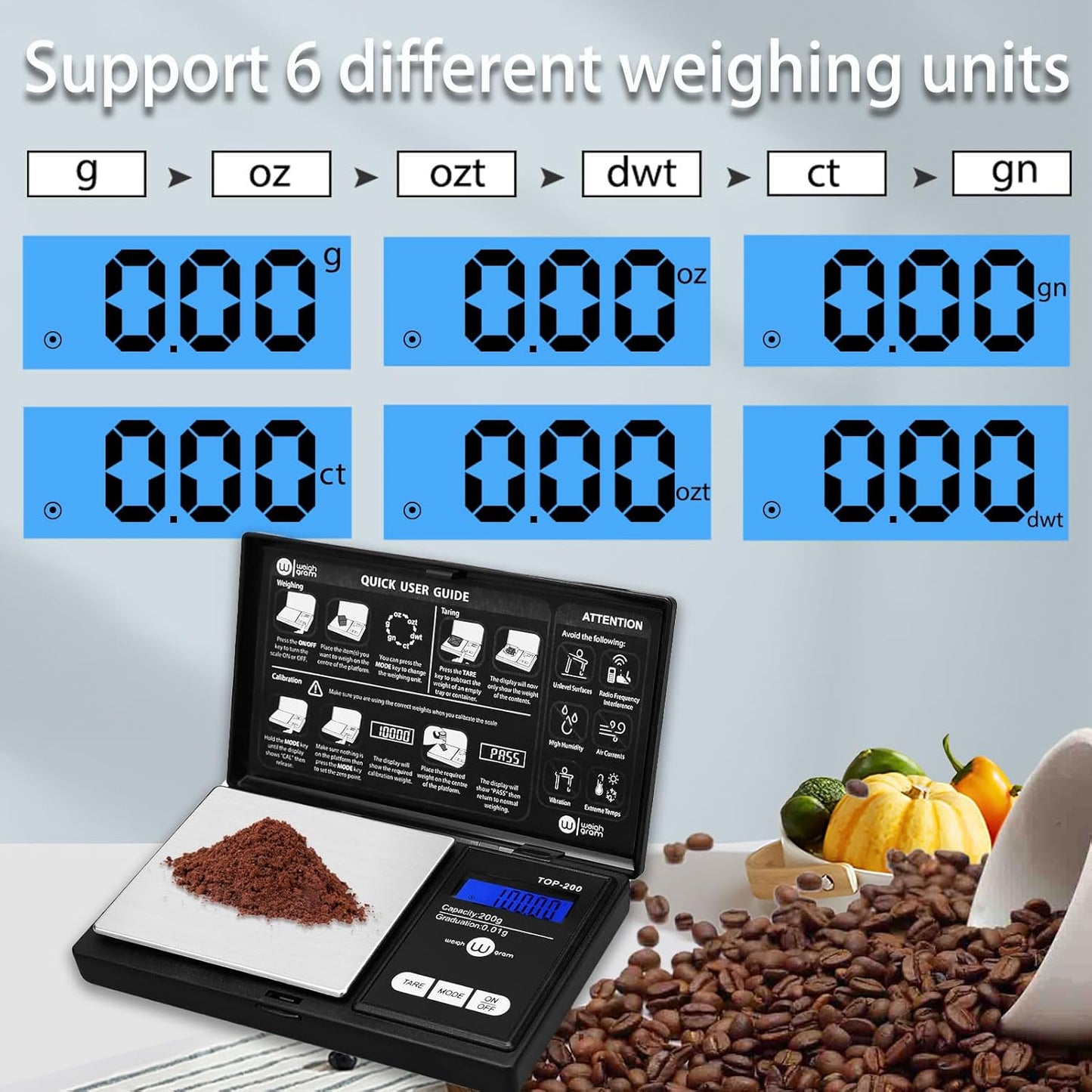 Weigh Gram 200g Digital Pocket Gram Scale 0.01g Accuracy, 200g x 0.01g Mini Digital Grams Scale, Small Food Scale, Jewelry Scale, Ounces Grains Scale With100g Calibration Weight