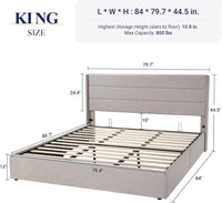 Allewie King Size Lift Up Storage Bed, Modern Wingback Headboard, Hydraulic Support, No Box Spring Needed, Light Beige