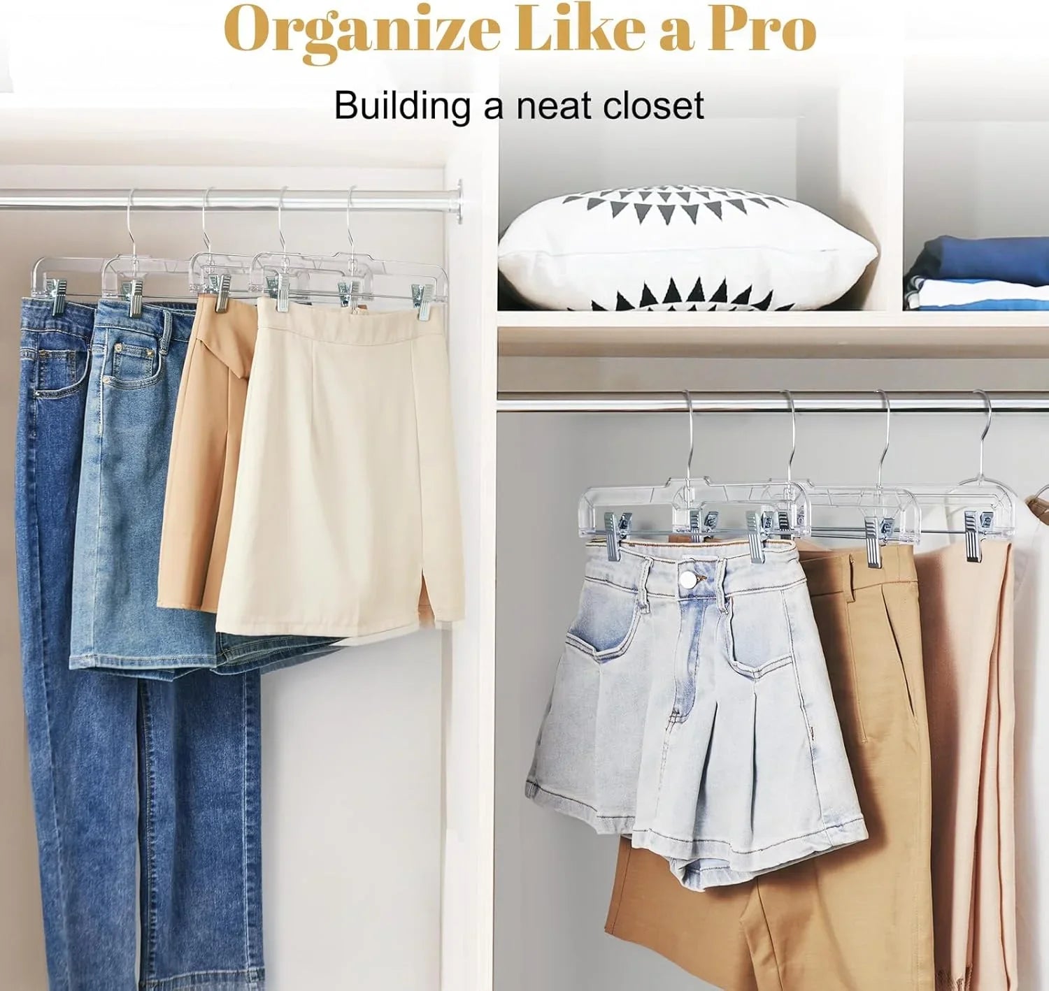 HOUSE DAY 12-Pack 14" Clear Plastic Skirt Hangers with Clips & Swivel Hook - Cart Shape