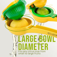Zulay Kitchen Metal 2-in-1 Lemon Squeezer - Sturdy Max Extraction Hand Juicer Lemon Squeezer Gets Every Last Drop - Easy to Clean Manual Citrus Juicer - Easy-Use Lemon Juicer Squeezer - Yellow/Green