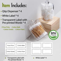 Clear Acrylic Qtip Holder Dispenser Set 4-Pack – Bathroom Vanity Storage Jars for Cotton Balls, Swabs, Pads, Floss Picks (10oz & 12oz)