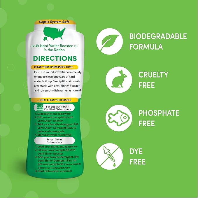 Lemi Shine Dish Detergent Booster, Hard Water Stain Remover, Multi-Use Citric Acid Cleaner 24 oz, Pack of 2