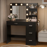 YESHOMY Vanity Desk with Mirror, 10 Lights, Power Outlet and 3 Storage Shelves, Makeup Table with 4 Drawers, 3 Color Modes, for Bedroom, Black
