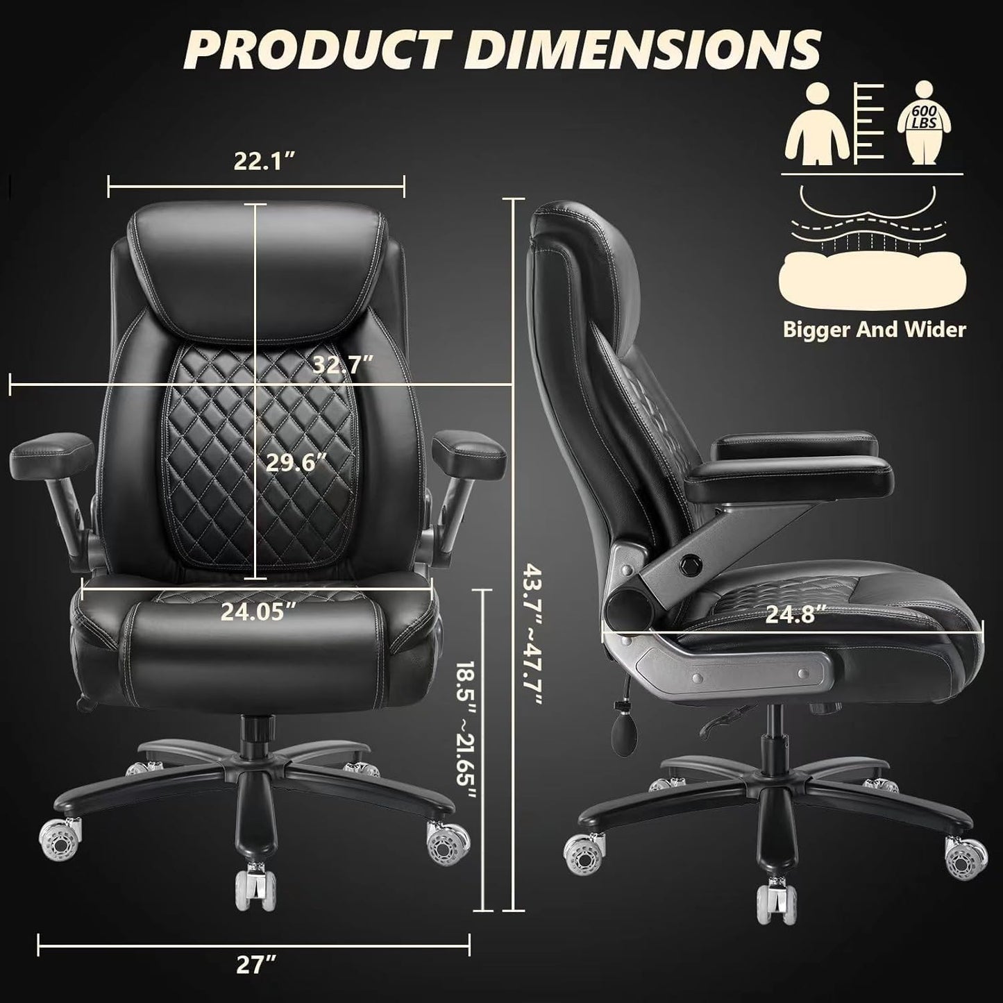 600LBS Large Heavy Duty Office Chair with 5D Flip Arms,Comfy Big and Tall Executive Office Desk Chair with Pocket Spring Cushion,High Back Computer Chair with Lumbar Support,Dual Rubber Wheel