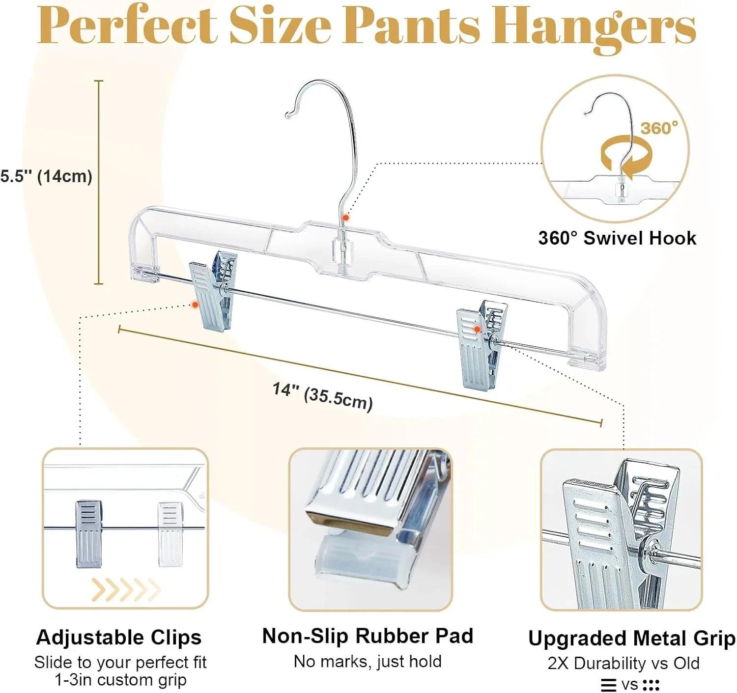 HOUSE DAY 12-Pack 14" Clear Plastic Skirt Hangers with Clips & Swivel Hook - Cart Shape