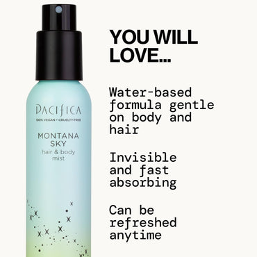 Pacifica Hair Mist Perfume & Full Body Spray for Women - Montana Sky Body Mist Fragrance w/Cedarwood, Elderflower, Black Pepper, Sage & Sandalwood Clean Beauty Alcohol-Free, Vegan & Cruelty-Free 5 oz - Cart Shape