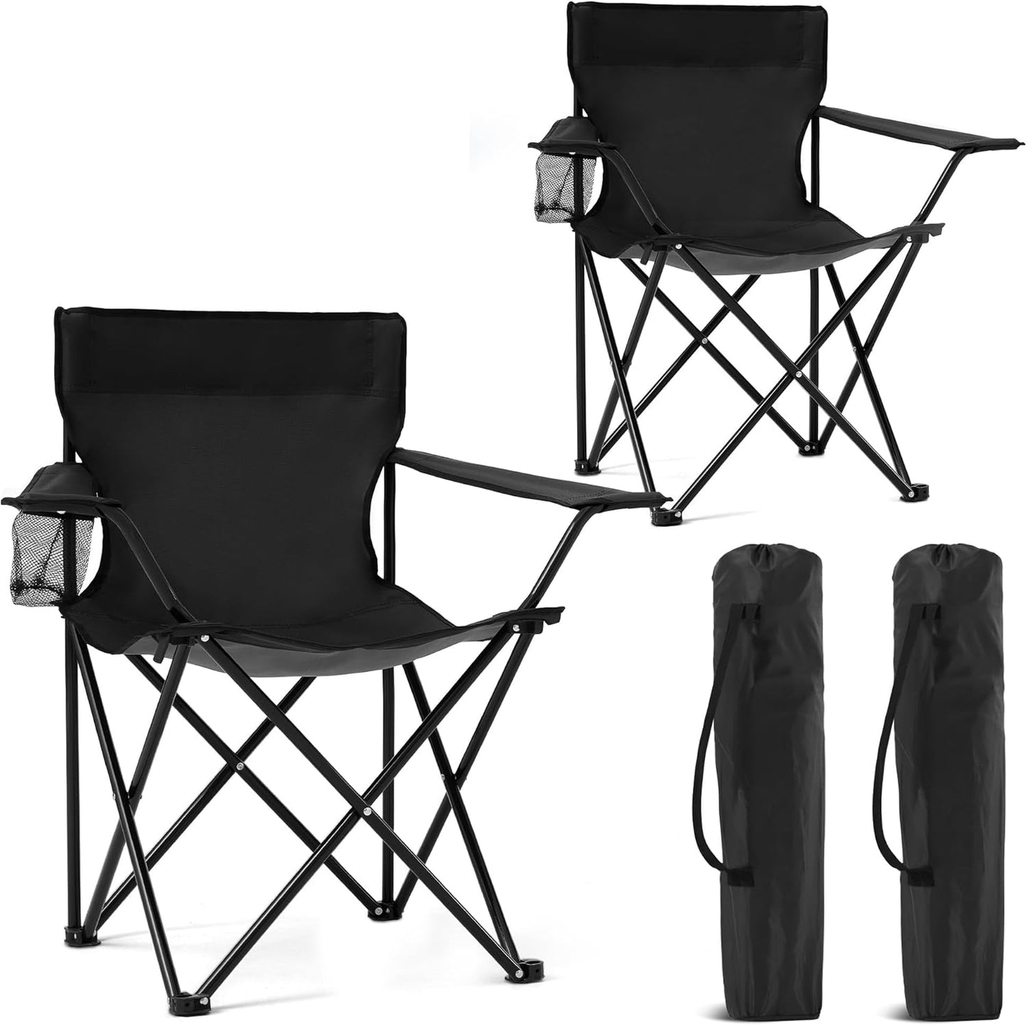 2 Pack Portable Camping Chairs Folding Lawn Chair Outdoor Lightweight Beach Chair with Cup Holder & Carry Bag for Outside Sports, Fishing, Hiking, Travel, Picnic, Backyard (Black-Dark)