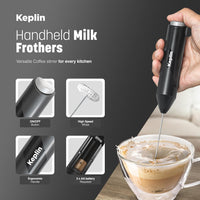 Keplin Handheld Milk Frother - Stainless Steel Electric Whisk - Portable Battery-Operated Coffee Frother for Lattes, Matcha, Protein Shakes - Ergonomic, Compact, Easy to Clean (Black)