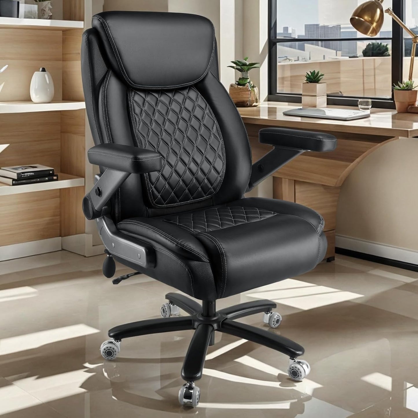 600LBS Large Heavy Duty Office Chair with 5D Flip Arms,Comfy Big and Tall Executive Office Desk Chair with Pocket Spring Cushion,High Back Computer Chair with Lumbar Support,Dual Rubber Wheel