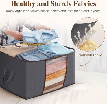 Lifewit 95L Clothes Storage Bags Large Storage Box With Lid Packing Boxes for Moving House With Reinforced Handle Thick Fabric Clear Window for Clothes Duvet Blankets Bedding, 3 Pack, Grey