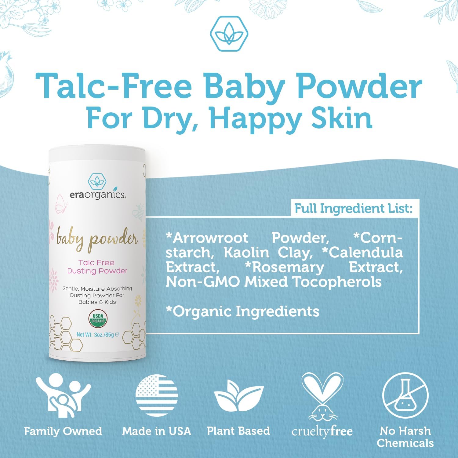 USDA Organic Baby Powder Talc-Free - Soothing Arrowroot, Calendula and Cornstarch for Newborn, Babies or Toddlers - Made in USA - 3oz/85g - Cart Shape
