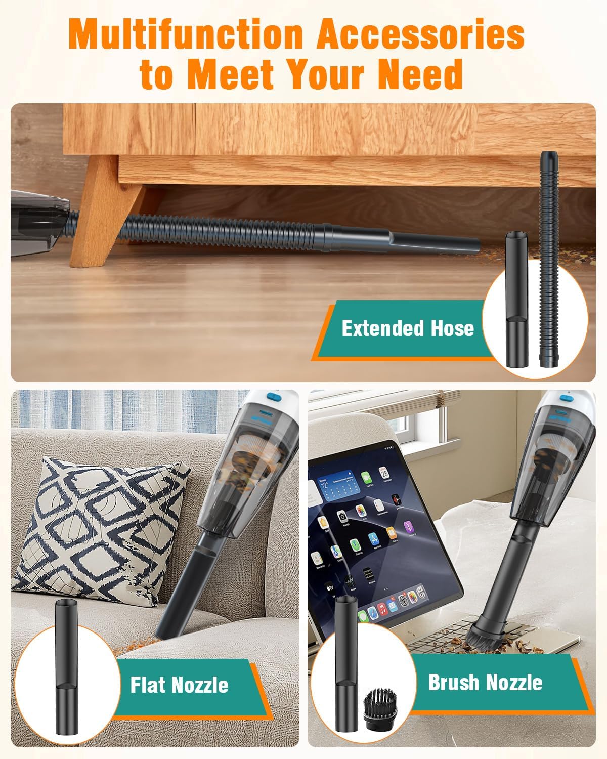 Milunho Handheld Vacuum Cleaner, 9500PA Car Vacuum Cleaner Cordless with Powerful Suction, Lightweight & Portable Car Cleaner for Car/Home/Pet