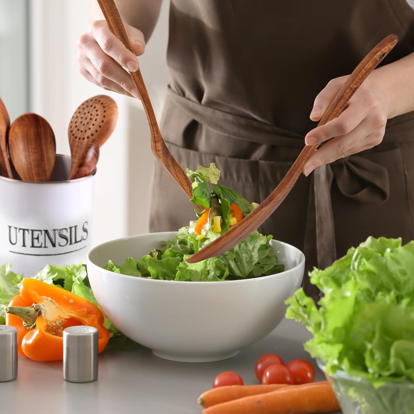 Zulay Kitchen 6-Piece Wooden Spoons for Cooking - Smooth Finish Teak Wood Utensils - Soft Comfort-Grip Cooking Wood Spoons Non-Stick Teak Easy to Clean Utensils Heat Resistant Non-Scratch Spoon Sets