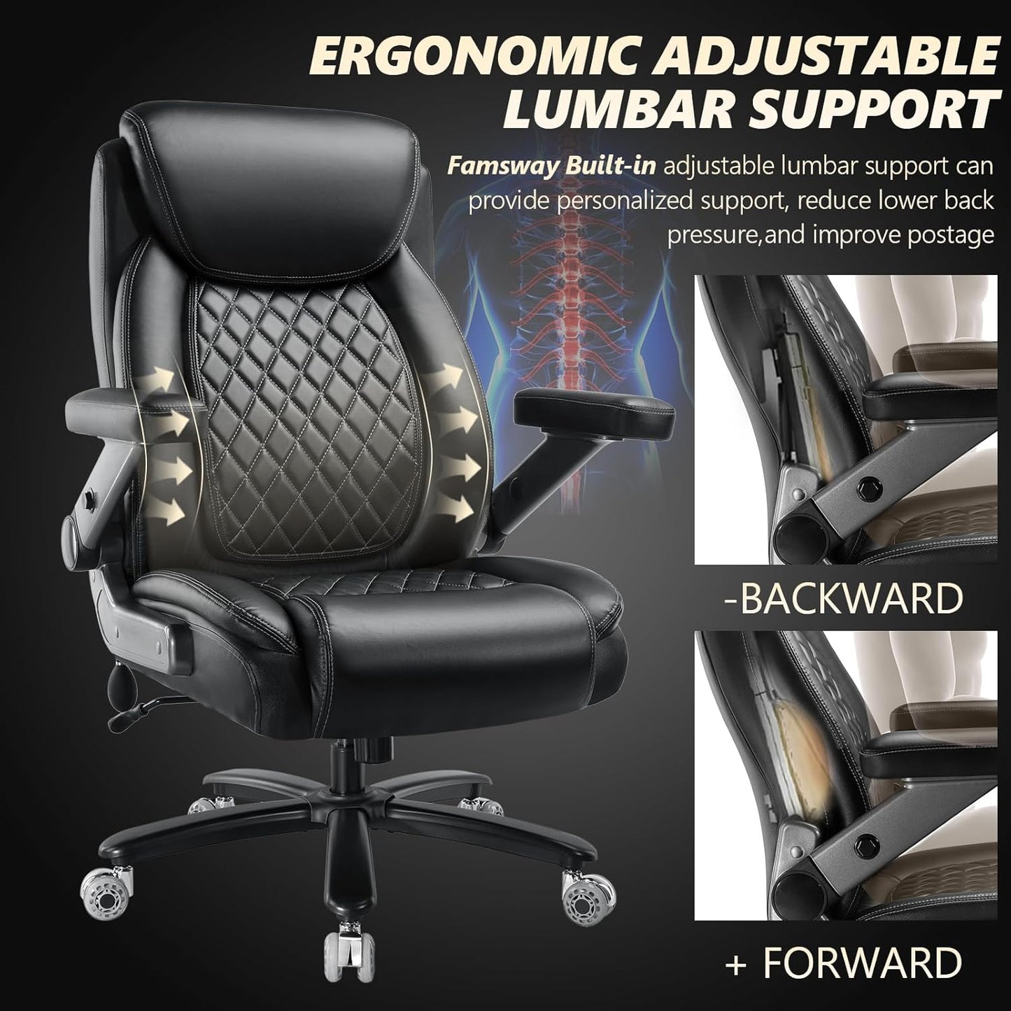 600LBS Large Heavy Duty Office Chair with 5D Flip Arms,Comfy Big and Tall Executive Office Desk Chair with Pocket Spring Cushion,High Back Computer Chair with Lumbar Support,Dual Rubber Wheel