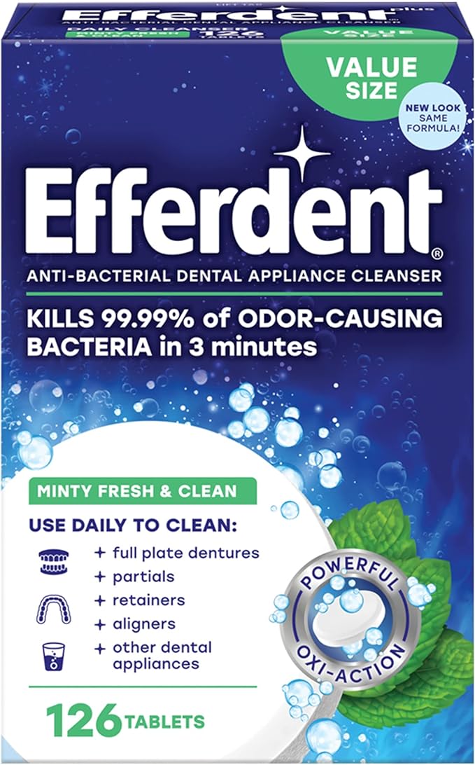 Efferdent Retainer Cleaning Tablets, Denture Cleaning Tablets for Dental Appliances, Minty Fresh & Clean, 126 Count