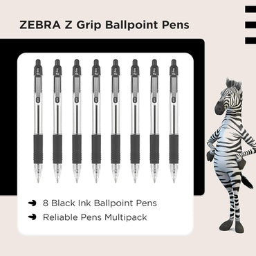 Zebra Pen Z Grip Black Ballpoint Pens with Pocket Clip 8pk, Retractable Black Ink Ballpoint Pens, Reliable Black Biro Pens Multipack for Everyday Use Design, New Pack Size 8pk