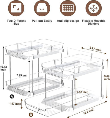 Delamu 2 Sets of 2-Tier Multi-Purpose Bathroom Under Sink Organizers and Storage, Stackable Kitchen Pantry Organization, Pull Out Medicine Cabinet Organizer with 8 Movable Dividers
