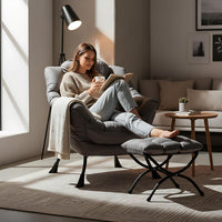 Welnow Lazy Chair with Ottoman, Modern Lounge Accent Chair with Armrests and a Side Pocket, Leisure Sofa Armchair, Reading Armchair with Footrest for Small Space, Dark Grey