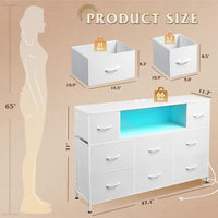 WLIVE White Dresser TV Stand for 45, 50, 55 inch TV, Entertainment Center with LED Lights & Charging Station, Chest of Drawers with 8 Fabric Drawers and Open Shelves for Living Room, Hallway, Wood Top