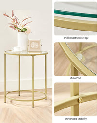 VASAGLE Round Side Table, Glass End Table with Metal Frame, Gold Coffee Table with Modern Style, for Living Room, Balcony, Bedroom, Gold Color