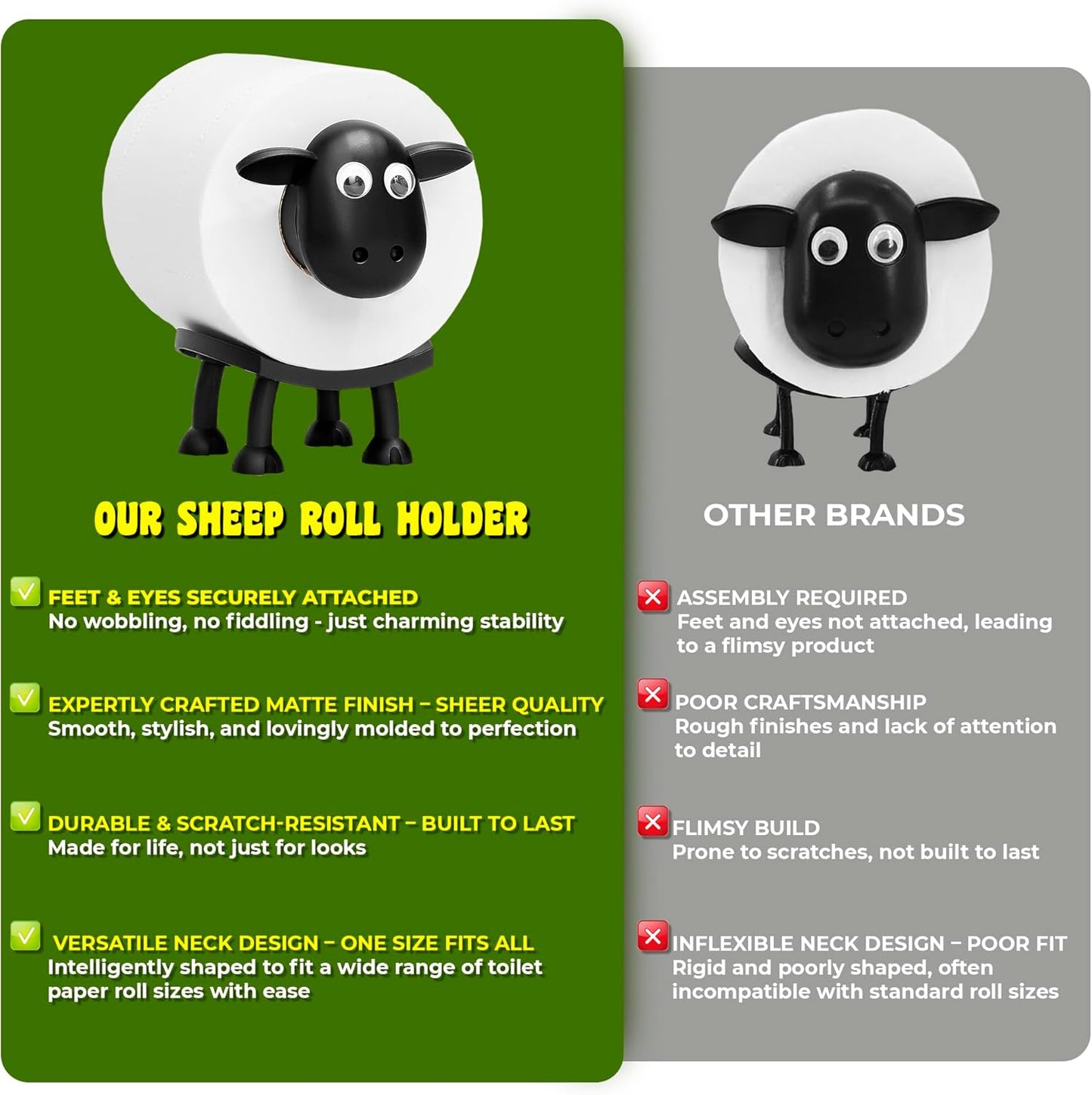 VELENTI Sheep Toilet Roll Holder, Free Standing Bathroom Set, 3D Printed, Funny Hilarious Black Sheep Loo Roll Holder, Tissue Paper Storage, Cute Bathroom Decor, X3, Set of 3