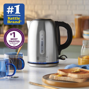 Russell Hobbs Brushed Stainless Steel Electric 1.7L Cordless Kettle (Quiet & Fast Boil 3KW, Removable washable anti-scale filter, Push button lid, Perfect pour spout)