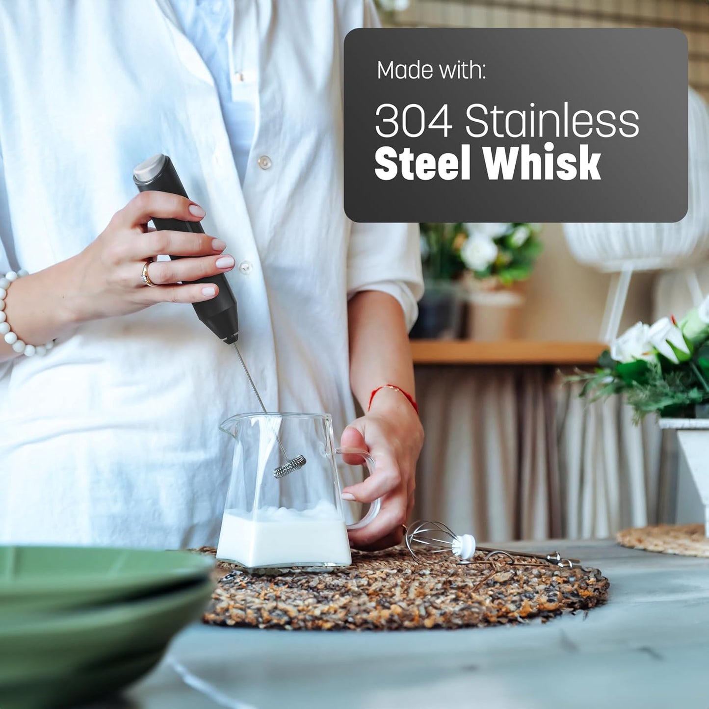Keplin Handheld Milk Frother - Stainless Steel Electric Whisk - Portable Battery-Operated Coffee Frother for Lattes, Matcha, Protein Shakes - Ergonomic, Compact, Easy to Clean (Black)