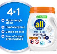 All Laundry Detergent Pacs, Mighty Pacs with OXI Stain Removers and Whiteners, Free Clear, Unscented and Dye Free, 56 Count