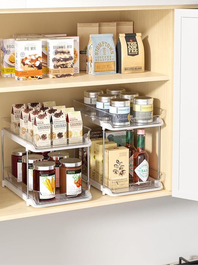 Delamu 2-Tier Multi-Purpose Bathroom Under Sink Organizers and Storage, Stackable Kitchen Pantry Organization, Pull Out Medicine Cabinet Organizer with Movable Dividers, White, 2 Pack