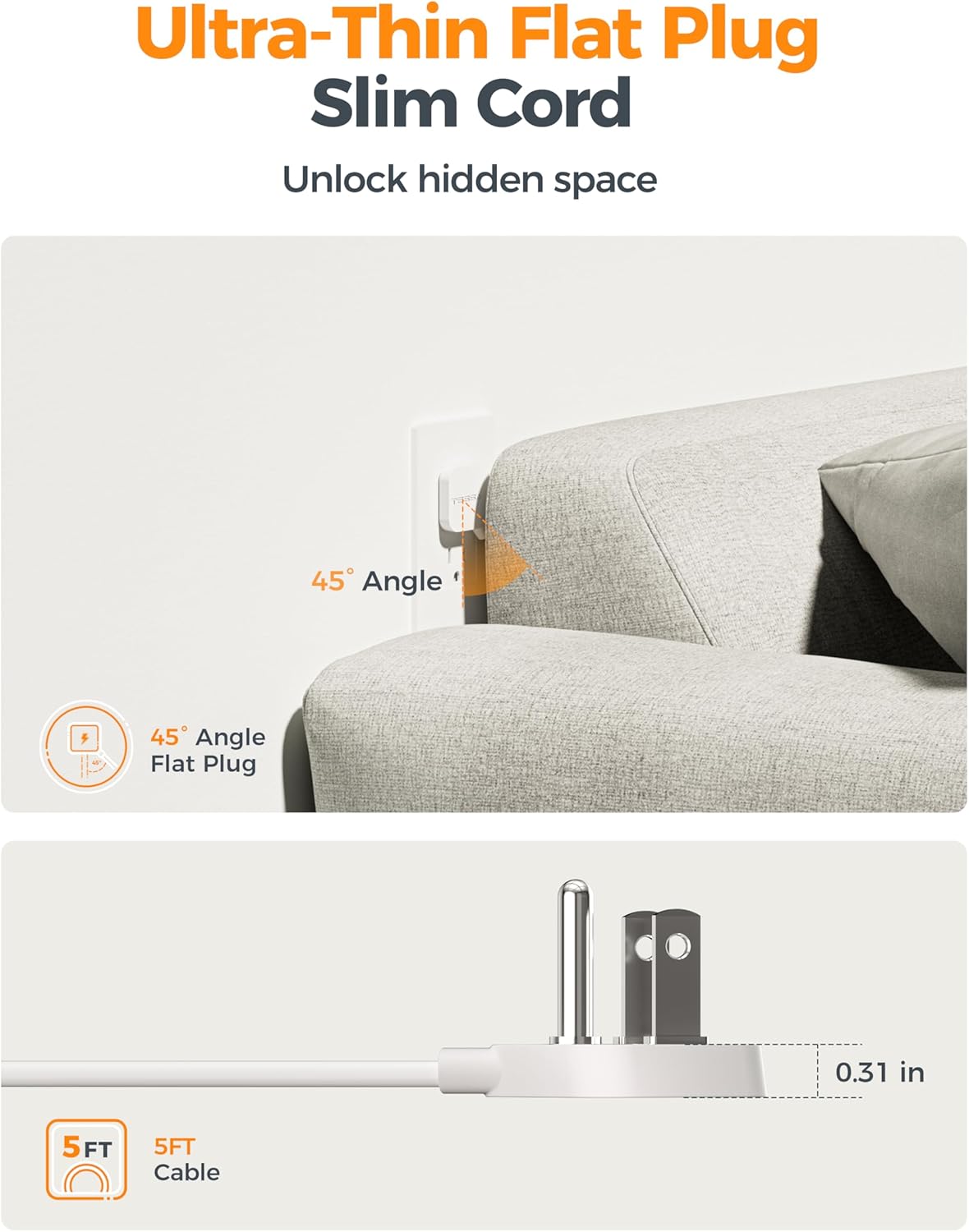 Flat Plug Extension Cord 5 FT, TESSAN Surge Protector Power Strip with 4 AC Outlets 1 USB C and 2 USB A Ports, 900 Joules Protection, Multiple Wall Outlet Extender Suitable for Home Office Dorm