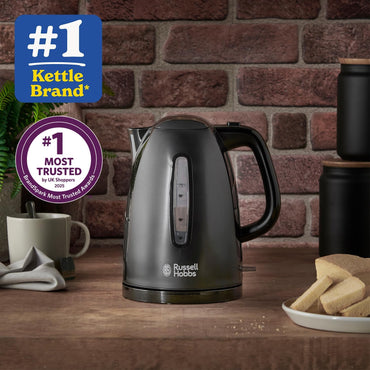 Russell Hobbs Textures Electric 1.7L Cordless Kettle (Fast Boil 3KW, Black premium plastic, matt & high gloss finish, Removable washable anti-scale filter, Push to open lid, Perfect pour spout)