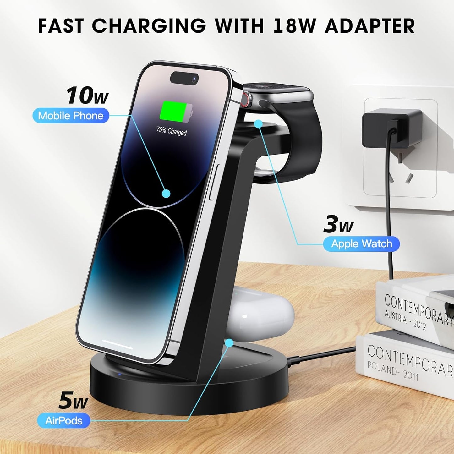 3 in 1 Charging Station for iPhone, Wireless Charger for iPhone 17 16e 16 15 14 13 12 11 X Pro Max & Apple Watch - Wireless Charging Station for AirPods 4 3 Pro