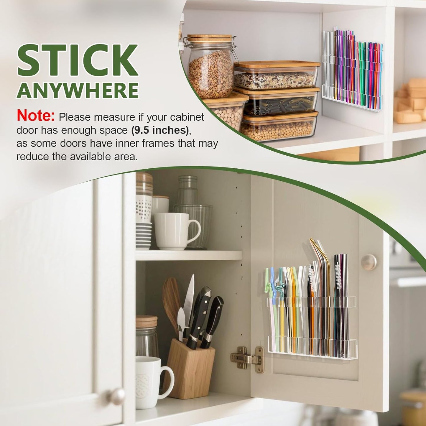 9.5” Large Acrylic Straw Holder for Cabinet Door - Reusable Tumbler Straw Organizer Storage, Small Kitchen Accessories Container, Ultra Sticky Cupboard Door Mounted (Transparent)
