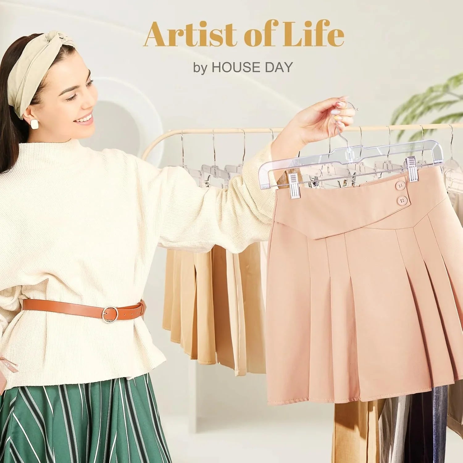 HOUSE DAY 12-Pack 14" Clear Plastic Skirt Hangers with Clips & Swivel Hook - Cart Shape