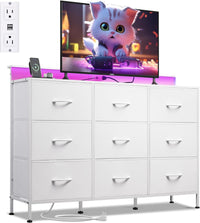 WLIVE White TV Stand for 45, 50, 55 inch TV, Entertainment Center with LED Lights & Charging Station, TV Media Console Table with 9 Fabric Drawers and Open Shelves for Living Room, Hallway, Wood Top