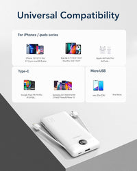 VEGER Portable Charger for iPhone Built in Cables and Wall Plug, 10000mah Slim Fast Charging USB C Power Bank, Travel Essential Battery Pack Compatible with iPhones, iPad, Samsung More Devices(White)