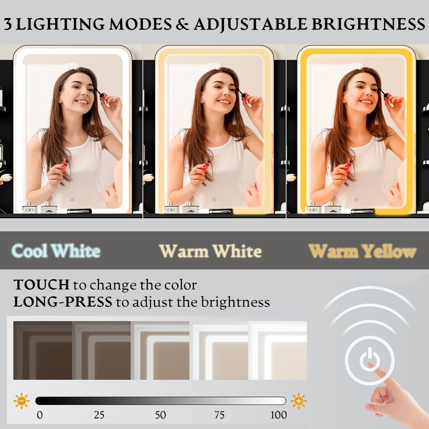 Vanity Desk with LED Lights Mirror & Power Outlet, Small Makeup Vanity Table Set with Storage Drawers & Chair, 3 Lighting Modes & Adjustable Brightness, Dressing Table for Women Girls Bedroom, Black