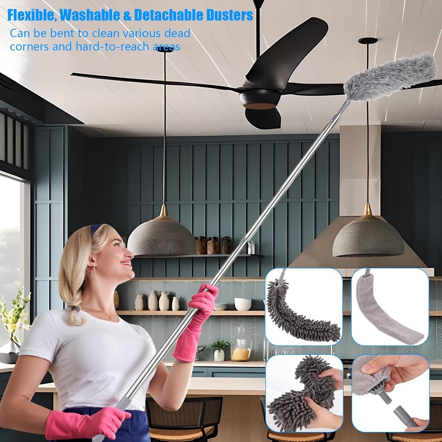Feather Duster,7 PCS Extendable Bendable Washable Cobweb Brush with Extension Pole Up to 100'', Long Feather Duster for Cleaning Ceiling Fan,High Ceiling,Furniture